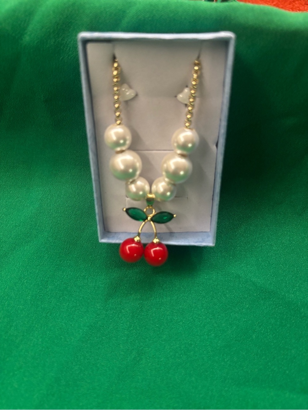 Pearl Bead Cherry Pendant Necklace - White and Red